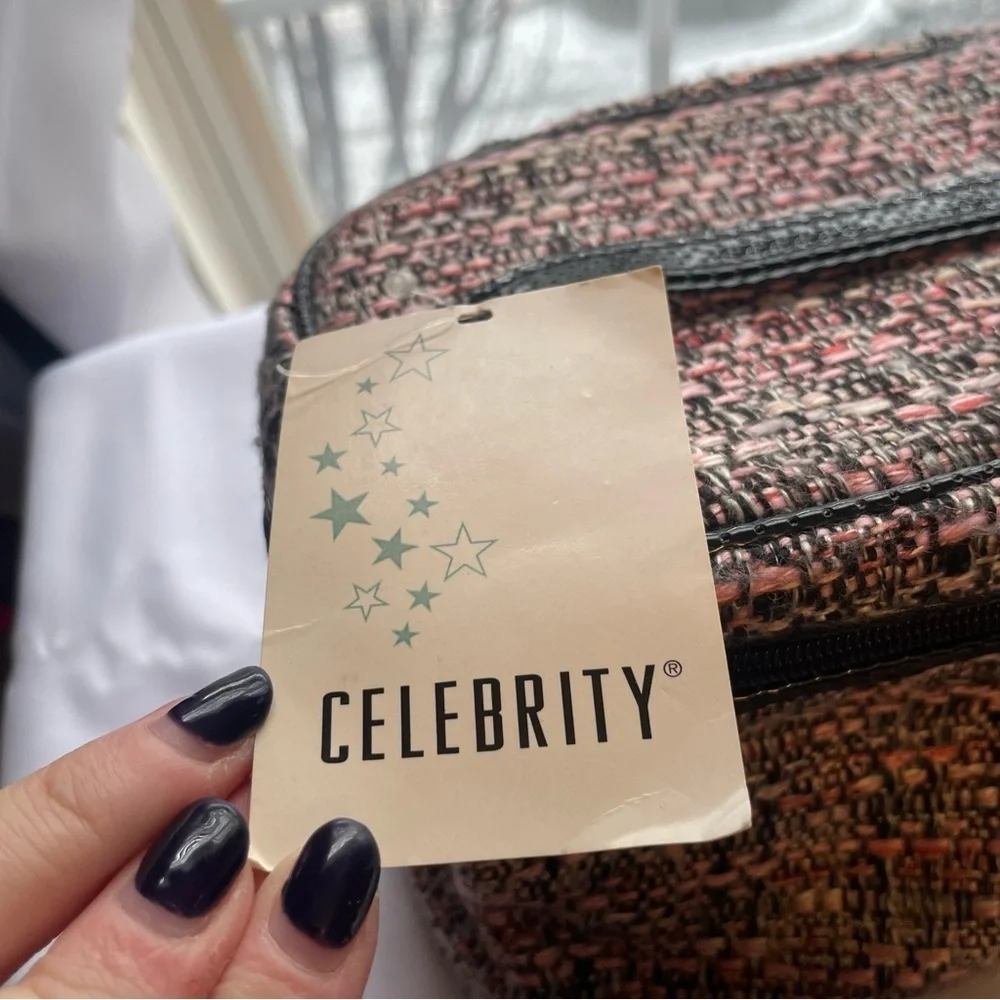 Celebrity Brand  Makeup Cosmetic Bag W Pouch Pink Black Tweed NWT